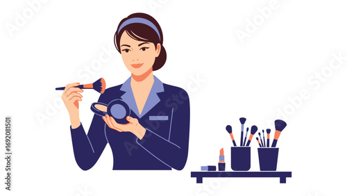 Young woman applying makeup with brushes and powder compact preparing for a special occasion or daily beauty routine