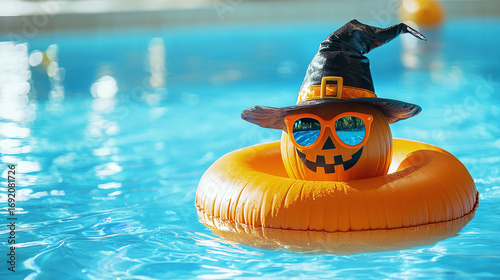 A Halloween pumpkin in sunglasses and a witch's hat floats in an inflatable beach ring in a pool on a sunny day