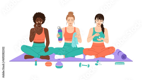 Three diverse women in athletic wear practicing yoga and meditation on mats with water bottles and fitness accessories symbolizing healthy lifestyle and wellness