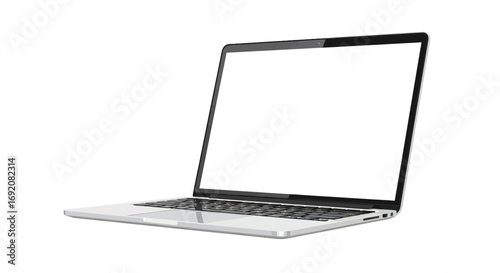A silver laptop computer with a blank white screen, isolated on a white background.