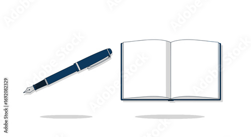 Illustration of an open notebook with blank pages and a blue fountain pen, both casting soft shadows on a white background.