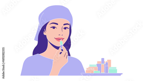 Young woman wearing a purple cap applying lipstick with a makeup brush holding a tray of beauty products isolated on white background