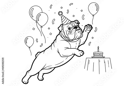 Bulldog dog wearing a party hat jumping with excitement next to a birthday cake and balloons in black and white style
