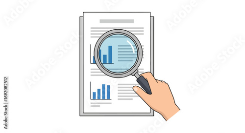 A hand holding a magnifying glass examining financial charts and data reports on paper.
