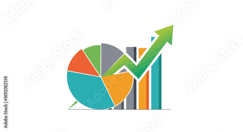 Upward trending financial growth shown via pie chart and bar graph.