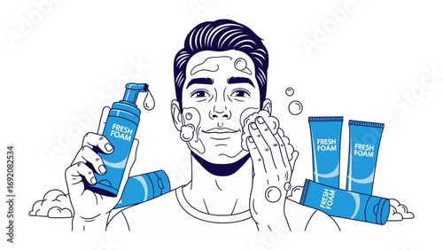 Close up illustration of a man with dark hair washing his face with a blue bottle of skincare product amidst multiple bottles and lather