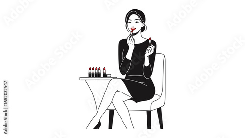 Elegant woman applying red lipstick with makeup products on a table while sitting on a chair in a minimalist sketch style illustration