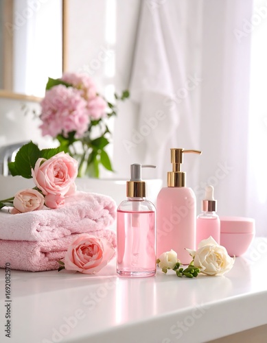 Pink bathroom products and flowers