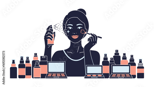 Elegant silhouette of a woman applying makeup with a variety of beauty products and cosmetics arranged artistically around her