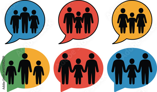 Colorful speech bubbles containing family group icons set