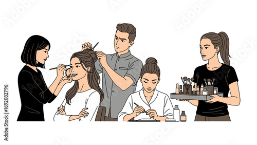 Diverse group of professionals applying makeup and styling hair in a salon or beauty school setting with various tools and products displayed