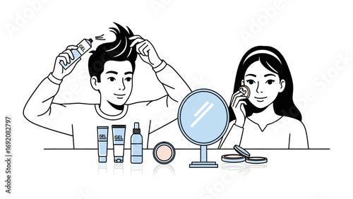 Young man applying hair product and young woman applying makeup in front of a mirror illustrating personal grooming and beauty routines