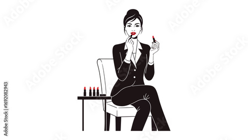 Elegant woman in a black suit applying red lipstick with a confident expression while sitting on a chair with makeup products nearby