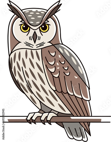 Wise owl perched on a branch, looking intently forward with piercing yellow eyes.