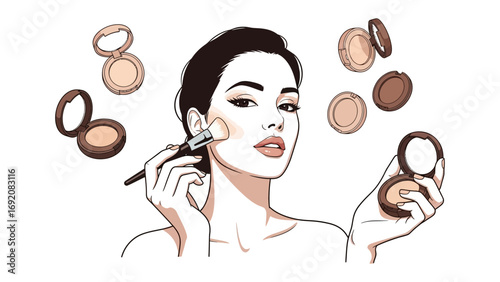 Beautiful woman applying face powder with a brush surrounded by various makeup compacts showcasing different shades for flawless skin