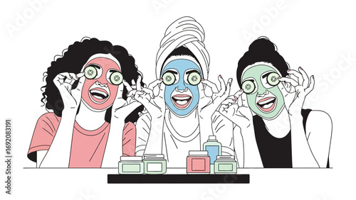 Three diverse women enjoying a relaxing spa day at home applying face masks and cucumber slices for skincare and beauty treatments