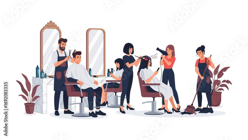 Diverse group of people receiving haircuts and styling services in a modern brightly lit hair salon with multiple stylists working simultaneously