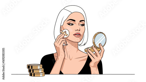 Stylish woman with blonde hair wearing a towel on her head applying makeup with a powder puff and compact mirror