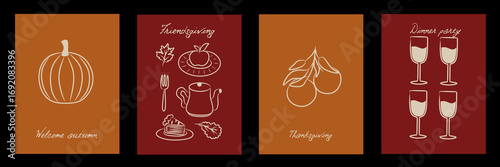 Wallpaper Mural Autumn season minimalist cards with food, leaves, fruit, drink, pie, pumpkin. Whimsical wall art, poster cover, banner, card, flyer. Creative design templates ads, web, label, branding, social media. Torontodigital.ca