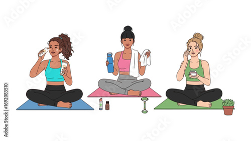 Three diverse women in yoga poses enjoying healthy snacks and drinks after a relaxing fitness session together