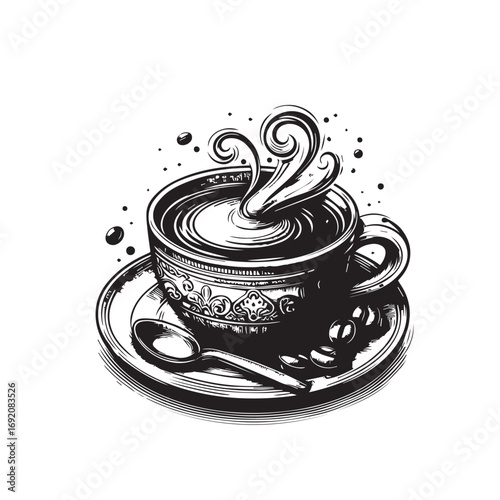 Cup og coffee. Coffee grains and chocolate. Vector illustrstion for poster or logo.