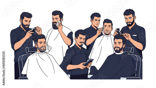 A diverse group of barbers with beards and stylish haircuts meticulously grooming clients in barber chairs showcasing modern grooming services