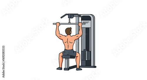 Man performs lat pulldown exercise at the gym, focusing on back muscles and strength training for fitness and wellbeing.