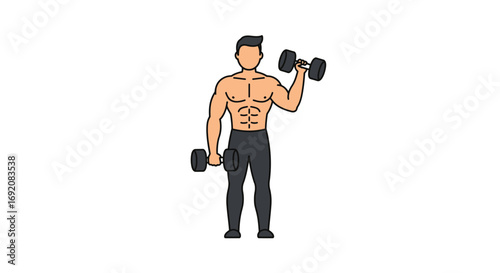 Muscular man lifting dumbbells during workout at the gym with focused expression showing strength and determination.