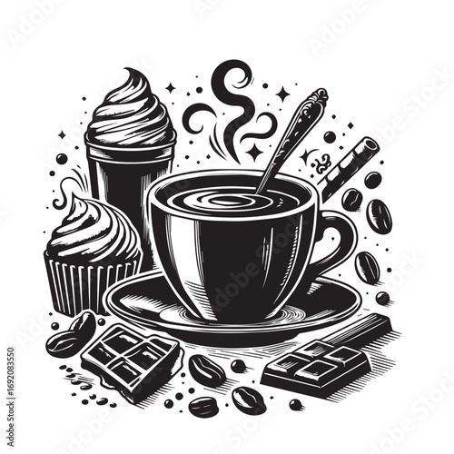 Cup og coffee. Coffee grains and chocolate. Vector illustrstion for poster or logo.