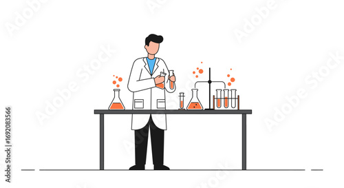 Scientist conducting experiment with beakers and test tubes on table in laboratory, showcasing scientific research and discovery.