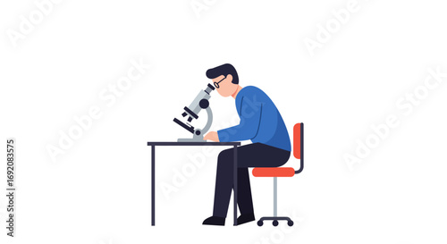 Scientist examining sample through microscope in laboratory, focused on research and discovery with a serious and concentrated mood.