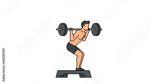 Man performing barbell squats on a step in a gym, showcasing strength training and fitness routine for healthy lifestyle.