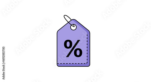 Purple price tag displaying percentage symbol hangs against a white backdrop, representing sales and discounts in a simple, modern style.
