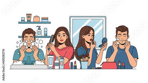 Diverse group of people applying skincare and makeup in front of a mirror showcasing personal grooming and beauty routines