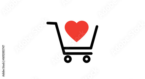 Shopping cart holds a red heart symbol on a white backdrop, representing love for shopping and consumerism in a simple, modern style.