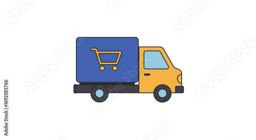 Delivery truck carrying shopping cart symbol speeds along highway representing fast and efficient online order fulfillment, showcasing convenience and modern commerce.