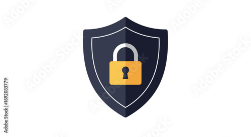 Shield with padlock symbolizes data protection and cybersecurity on white surface, representing digital safety and secure access to information.