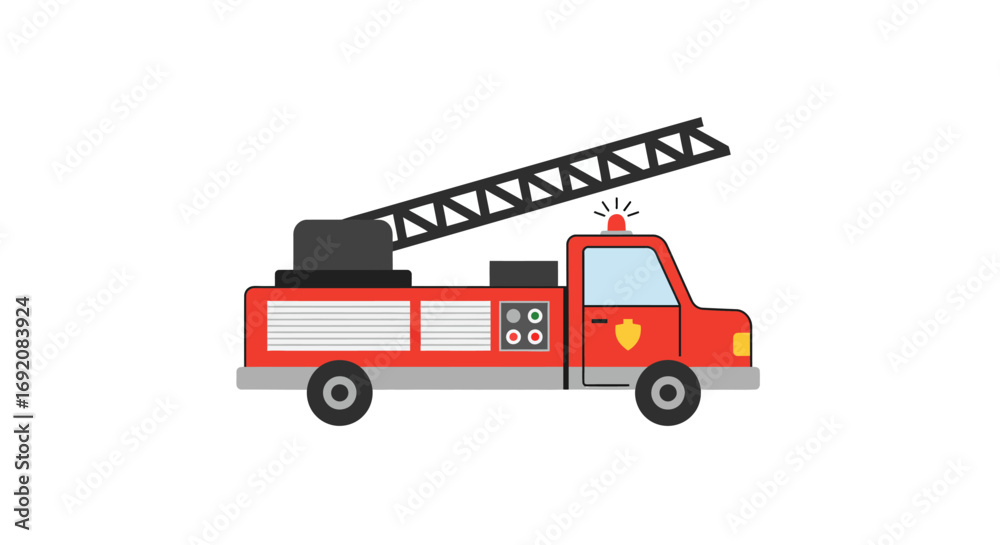 Red fire truck with ladder parked on white background, ready for emergency response, conveying safety and preparedness.