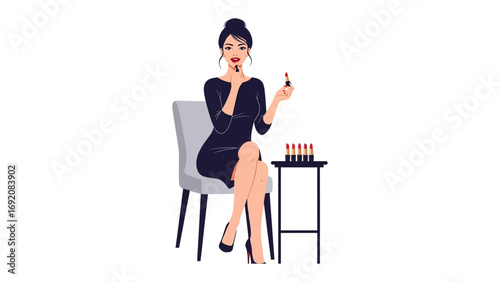 Elegant woman in a black dress applying lipstick while sitting on a chair with makeup products on a small table