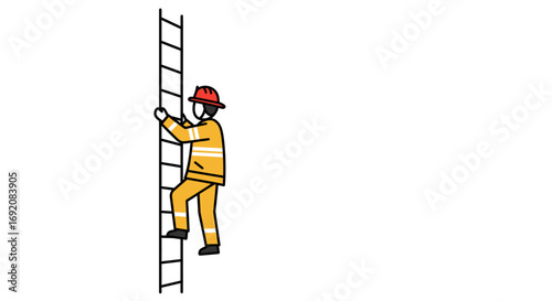 Firefighter climbing a tall ladder during a rescue operation at a burning building, showcasing bravery and emergency response in a dangerous situation.