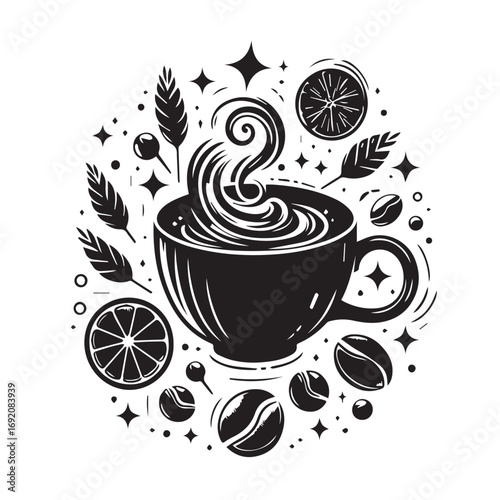 Cup og coffee. Coffee grains and chocolate. Vector illustrstion for poster or logo.