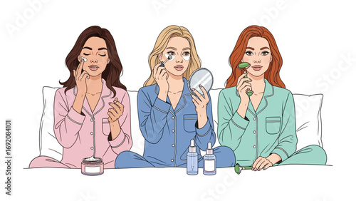 Three diverse young women in pajamas enjoying a relaxing self care beauty routine at home with skincare products and tools
