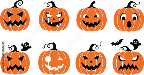 Collection of cheerful and spooky Halloween pumpkins with playful faces and flying bats