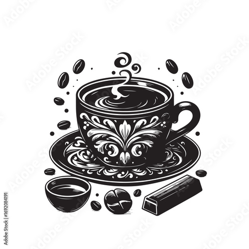 Cup og coffee. Coffee grains and chocolate. Vector illustrstion for poster or logo.