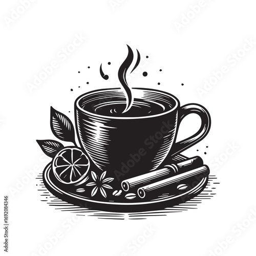Cup og coffee. Coffee grains and chocolate. Vector illustrstion for poster or logo.