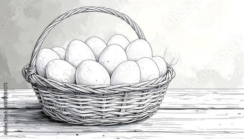 Basket of eggs, monochrome illustration
