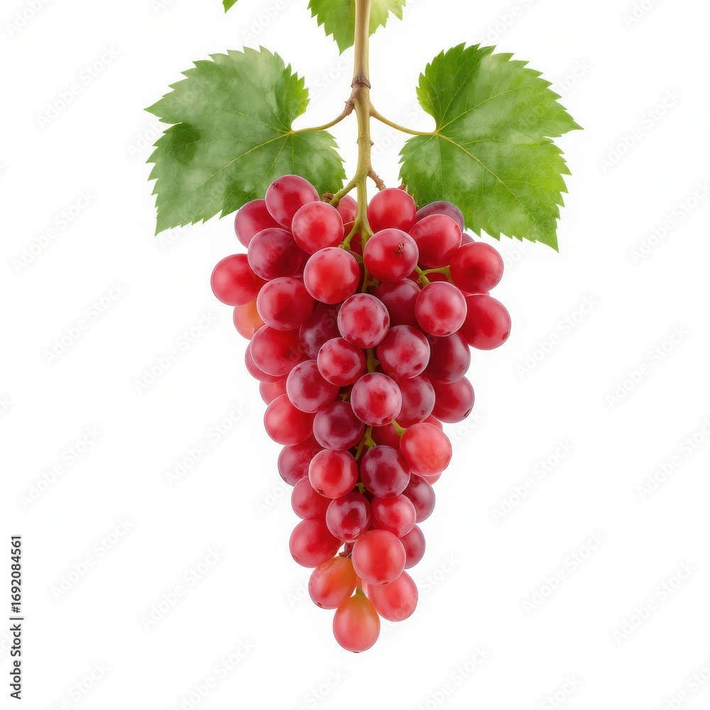 Fototapeta premium Bunch of ripe red grapes hanging from a vine against a white background