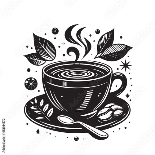 Cup og coffee. Coffee grains and chocolate. Vector illustrstion for poster or logo.