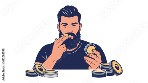 Stylish bearded man applying beard balm from small metal tins for grooming and personal care routine with a confident expression