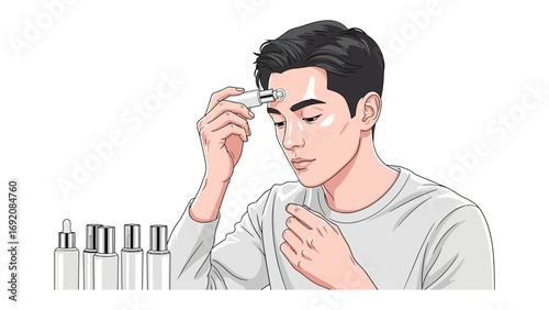 Young man with dark hair applying facial serum with a dropper to his forehead and cheek for skincare and beauty routine